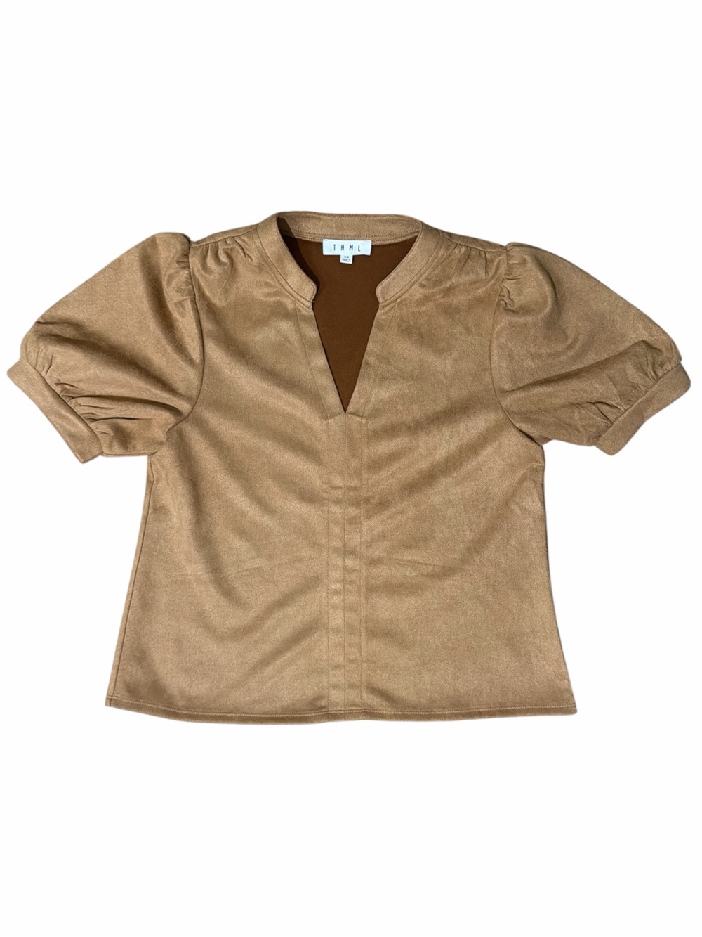 THML Tan Faux Suede Puff Sleeve V-Neck Top